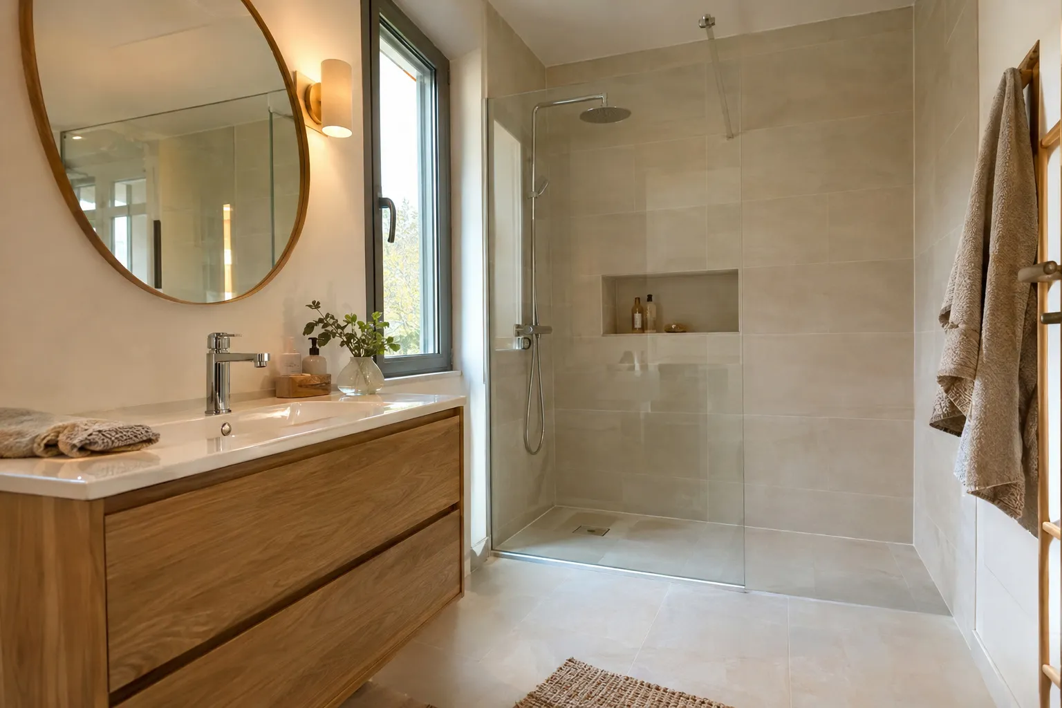 Salle de bain terminée avec douche à l’italienne, carrelage clair et meuble vasque en bois sous une lumière douce.