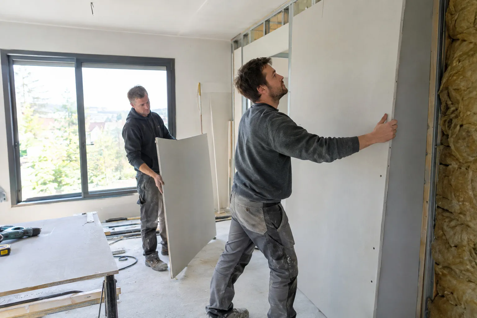 Deux artisans posent des plaques de plâtre dans une pièce lumineuse en cours de rénovation intérieure.